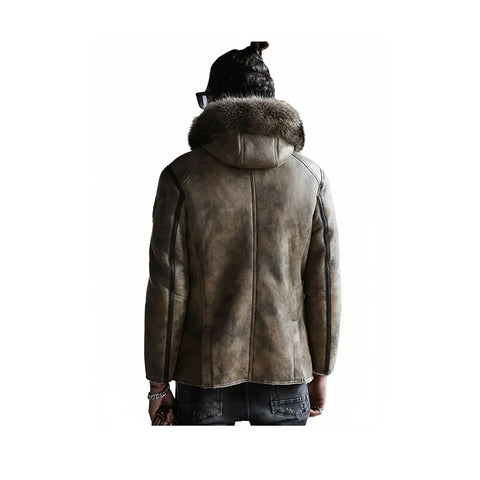 Men's Leather Bomber Jacket with Hooded Shearling Collar
