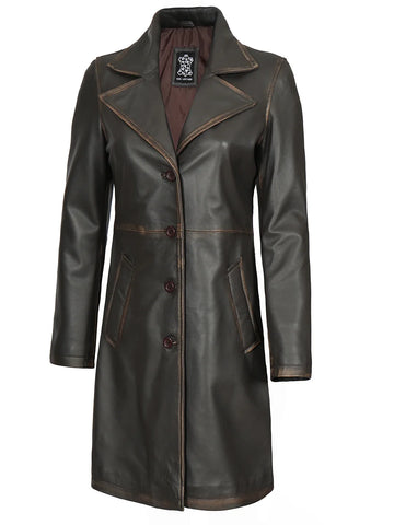 Women's Distressed Brown Leather 3/4 Length Coat - Vintage Biker Heritage