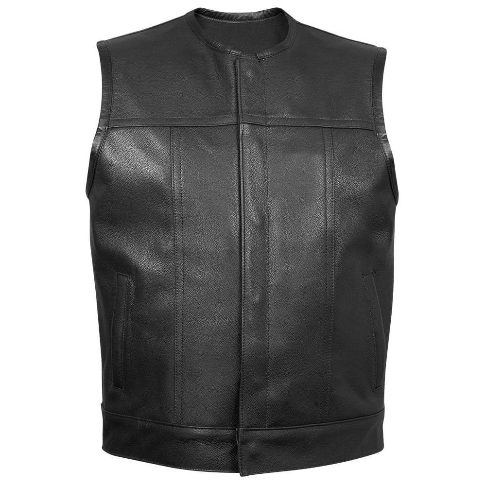 Leather Club Vest Men's Black Motorcycle Biker Genuine Leather Vest No Chest Pockets Club Style Riding Vest