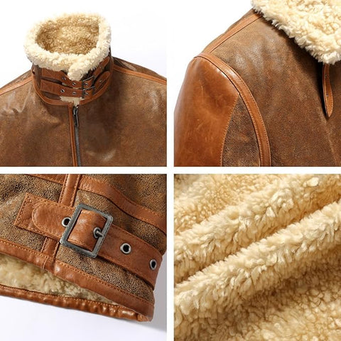 Men’s Leather Bomber Pilot Jacket - Genuine Shearling Aviator Winter Coat