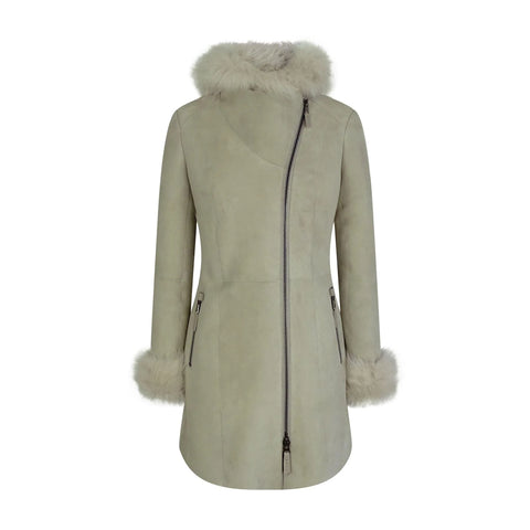 Women’s Cream Toscana Sheepskin 3/4 Long Hooded Jacket – Designer Suede Coat