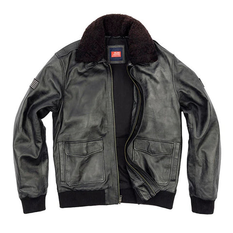 Men’s Stealth Black G-1 Flight Bomber Jacket with Dark Shearling Collar