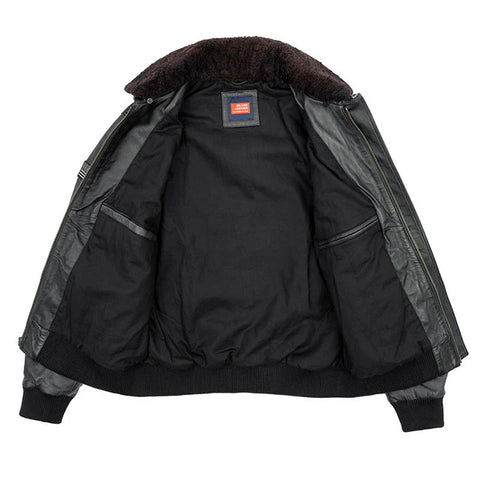 Men’s Stealth Black G-1 Flight Bomber Jacket with Dark Shearling Collar