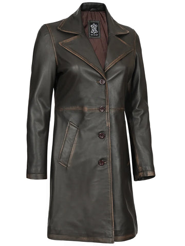 Women's Distressed Brown Leather 3/4 Length Coat - Vintage Biker Heritage