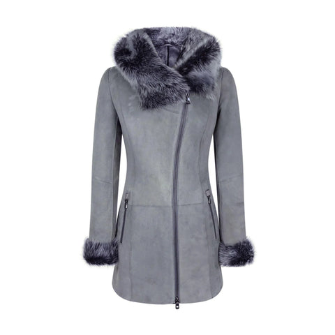 Women’s Grey Toscana Sheepskin Long Suede Coat – Zipped Hood Tailored Fit Jacket