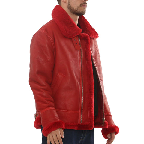 Men’s Red Shearling B3 Bomber Jacket - Real Sheepskin Leather Aviator Winter Coat