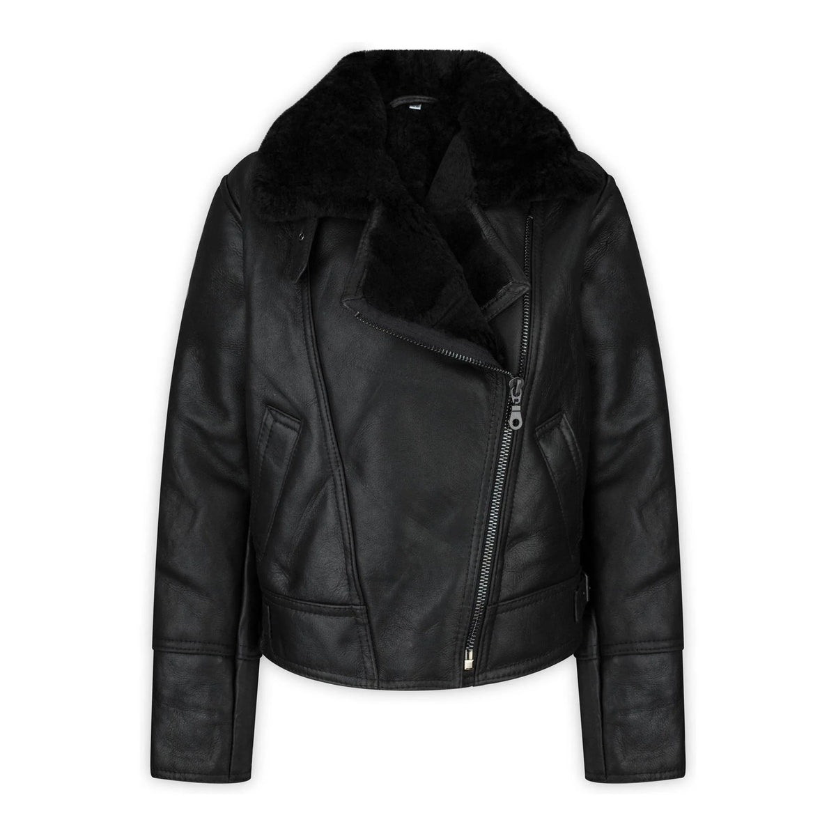 Women’s Vintage 100% Real Sheepskin Jacket - Black Leather Biker Aviator Coat