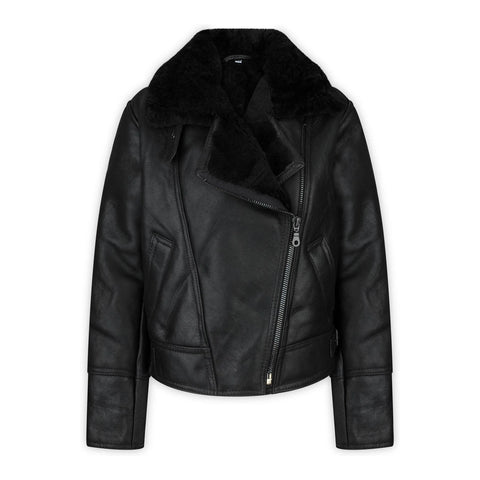 Women’s Vintage 100% Real Sheepskin Jacket - Black Leather Biker Aviator Coat