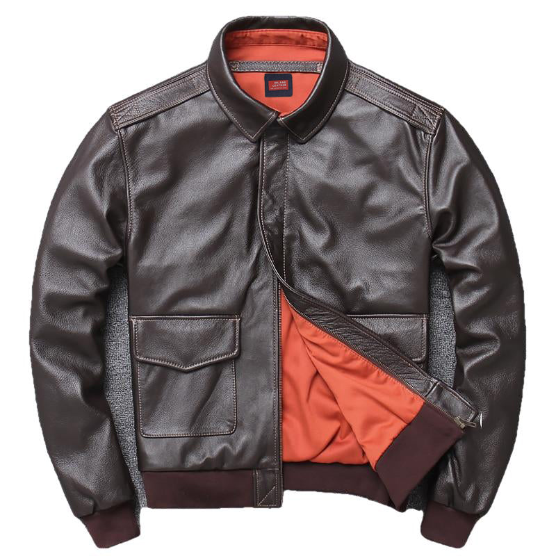 Men’s A-2 Genuine Leather Flight Bomber Jacket with Contrast Lining