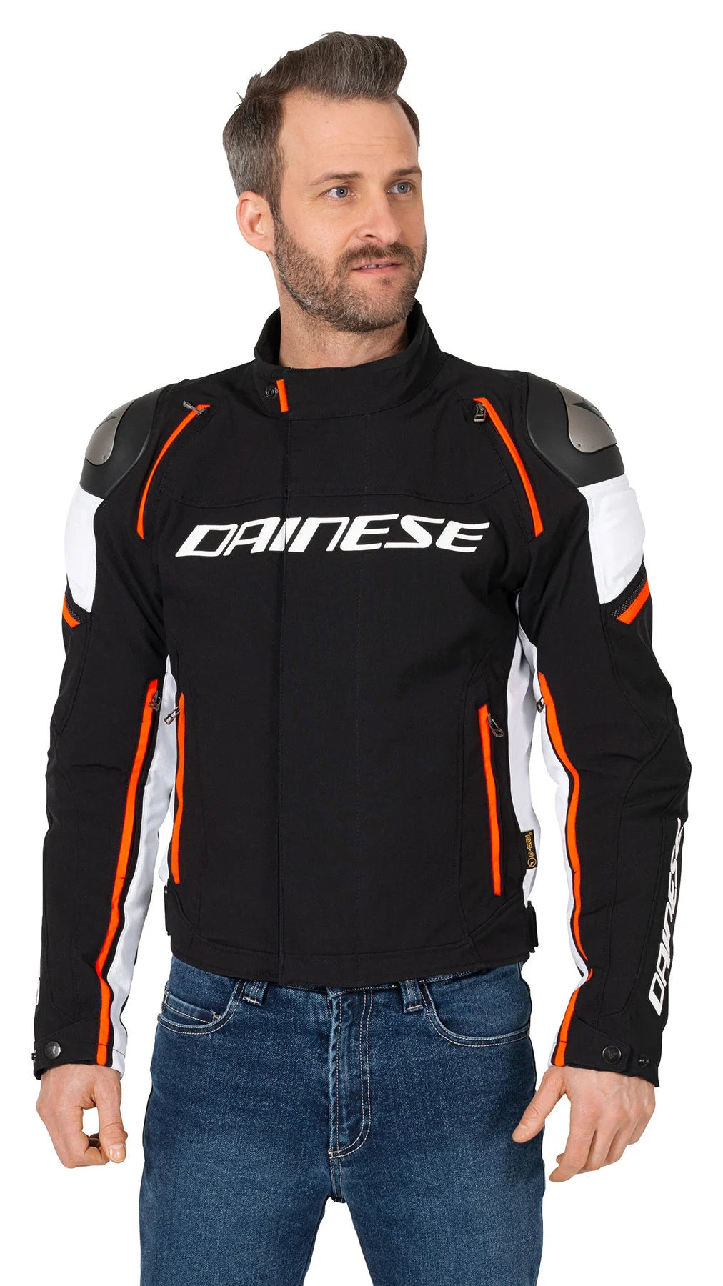 Racing 3 D-Dry — Black, White & Neon Red Textile Jacket, Waterproof Riding Jacket, Sporty Touring Style