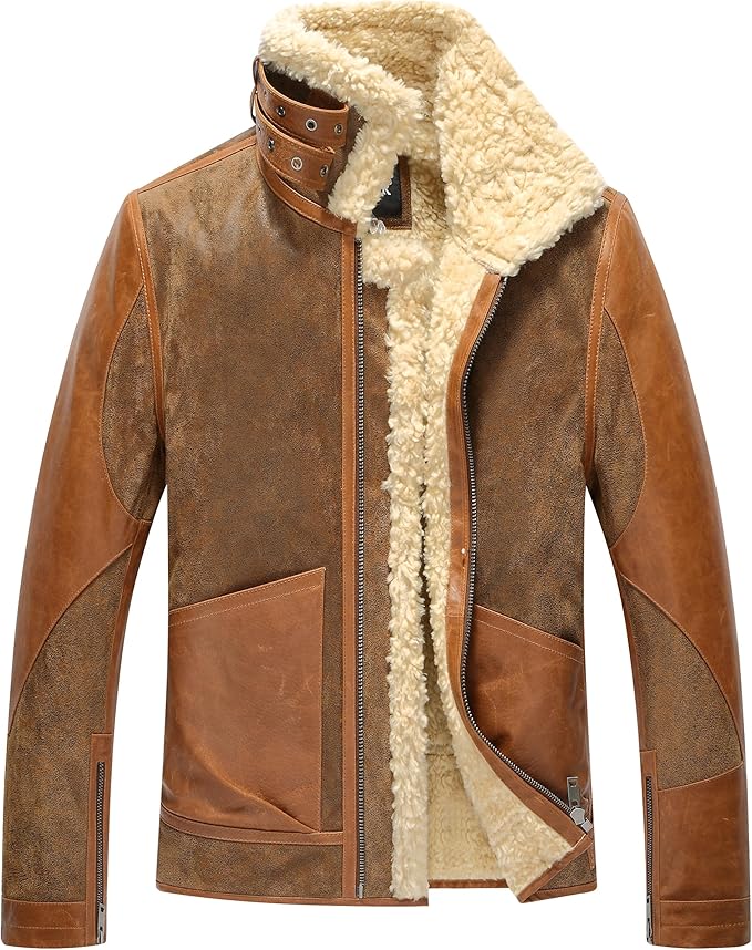 Men’s Leather Bomber Pilot Jacket - Genuine Shearling Aviator Winter Coat