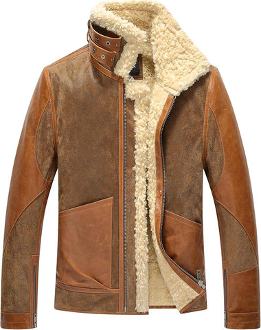 Men’s Leather Bomber Pilot Jacket - Genuine Shearling Aviator Winter Coat
