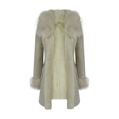Women’s Cream Toscana Sheepskin 3/4 Long Hooded Jacket – Designer Suede Coat