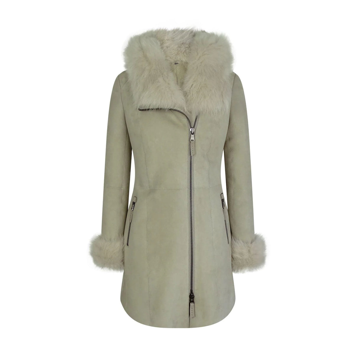 Women’s Cream Toscana Sheepskin 3/4 Long Hooded Jacket – Designer Suede Coat