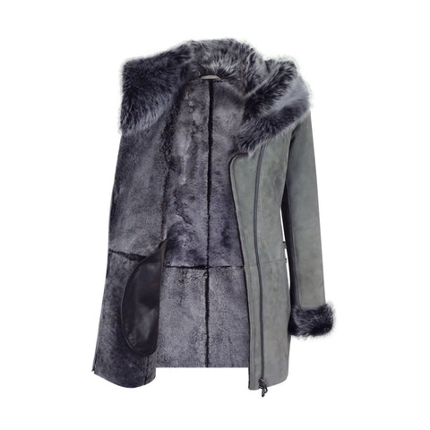 Women’s Grey Toscana Sheepskin Long Suede Coat – Zipped Hood Tailored Fit Jacket