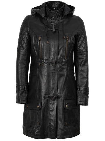 Women's Black Real Leather 3/4 Length Hooded Motorcycle Coat - Versatile Rider Essential