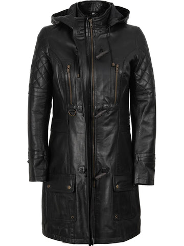 Women's Black Real Leather 3/4 Length Hooded Motorcycle Coat - Versatile Rider Essential