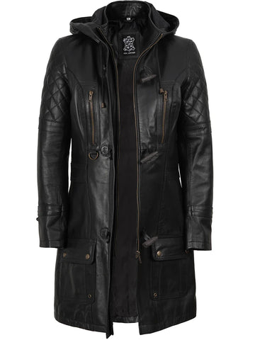 Women's Black Real Leather 3/4 Length Hooded Motorcycle Coat - Versatile Rider Essential