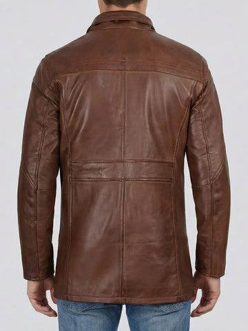 Men's 3/4 Length Cognac Brown Leather Coat - Premium Biker Cropped Rider