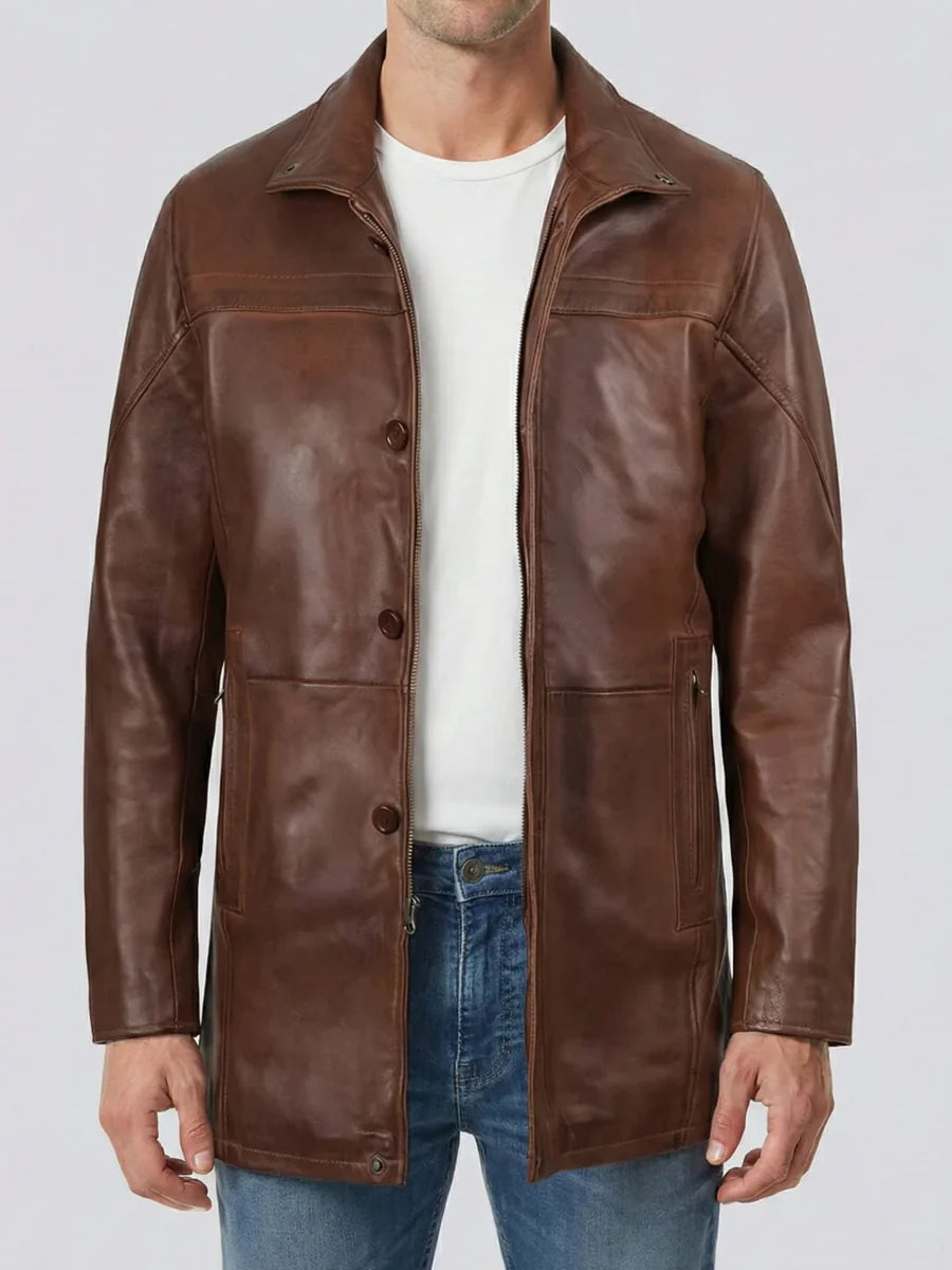 Men's 3/4 Length Cognac Brown Leather Coat - Premium Biker Cropped Rider