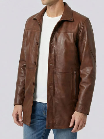 Men's 3/4 Length Cognac Brown Leather Coat - Premium Biker Cropped Rider