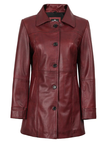Kandis Women's Burgundy Real Leather Car Coat - Rich Wine 3/4 Rider Elegance
