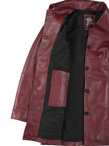 Kandis Women's Burgundy Real Leather Car Coat - Rich Wine 3/4 Rider Elegance