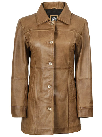 Kandis Women's Camel Brown Real Leather Car Coat - Desert Luxe 3/4 Rider