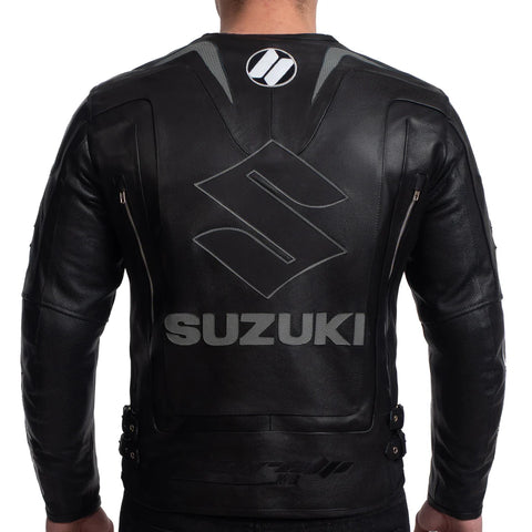 Suzuki Platinum Black Professional Men’s Motorcycle Racing Leather Jacket - CE Armored Track Gear