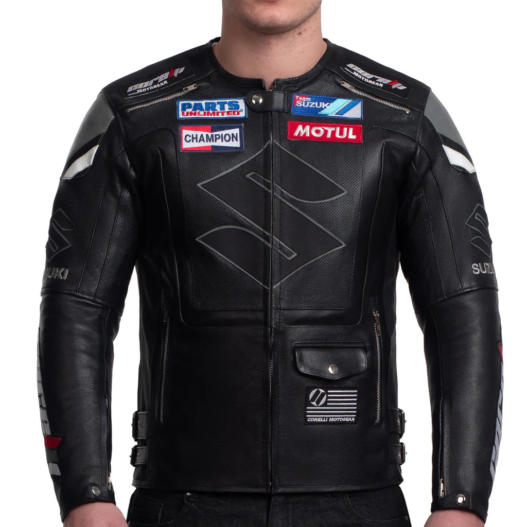 Suzuki Platinum Black Professional Men’s Motorcycle Racing Leather Jacket - CE Armored Track Gear