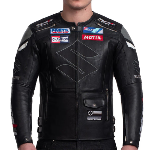 Suzuki Platinum Black Professional Men’s Motorcycle Racing Leather Jacket - CE Armored Track Gear