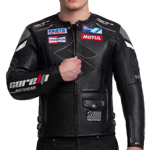 Suzuki Platinum Black Professional Men’s Motorcycle Racing Leather Jacket - CE Armored Track Gear