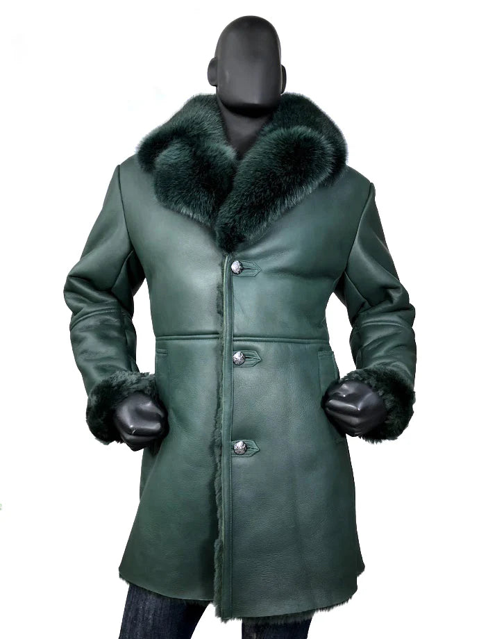 Men’s Green Sheepskin Shearling Trench Coat – Fox Fur Collar Winter Overcoat