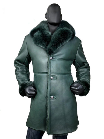 Men’s Green Sheepskin Shearling Trench Coat – Fox Fur Collar Winter Overcoat