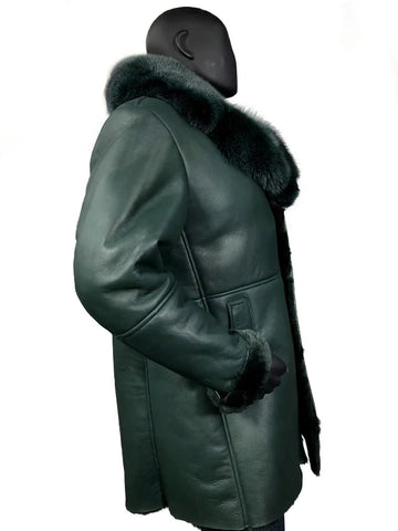 Men’s Green Sheepskin Shearling Trench Coat – Fox Fur Collar Winter Overcoat