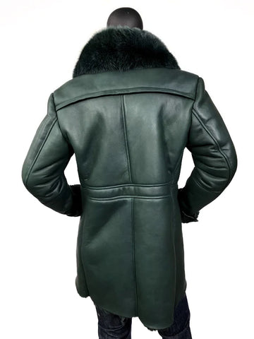 Men’s Green Sheepskin Shearling Trench Coat – Fox Fur Collar Winter Overcoat