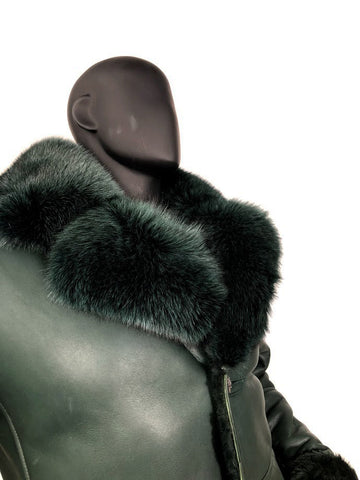 Men’s Green Sheepskin Shearling Trench Coat – Fox Fur Collar Winter Overcoat