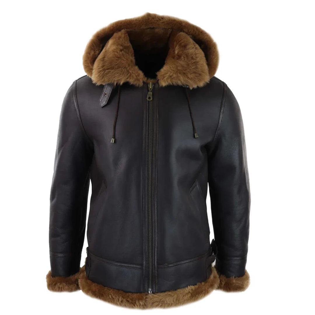 Men’s Real Leather Hooded Shearling Jacket - Vintage Aviator Sheepskin Flying Coat