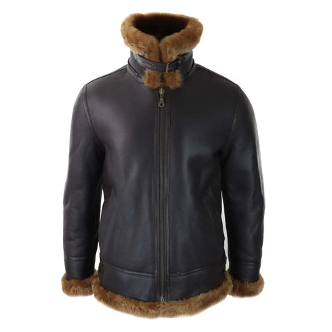 Men’s Real Leather Hooded Shearling Jacket - Vintage Aviator Sheepskin Flying Coat