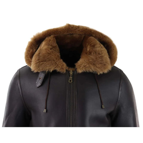 Men’s Real Leather Hooded Shearling Jacket - Vintage Aviator Sheepskin Flying Coat