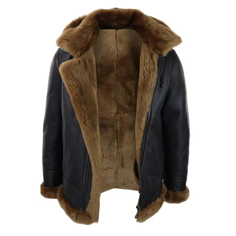Men’s Real Leather Hooded Shearling Jacket - Vintage Aviator Sheepskin Flying Coat