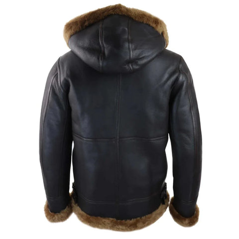 Men’s Real Leather Hooded Shearling Jacket - Vintage Aviator Sheepskin Flying Coat
