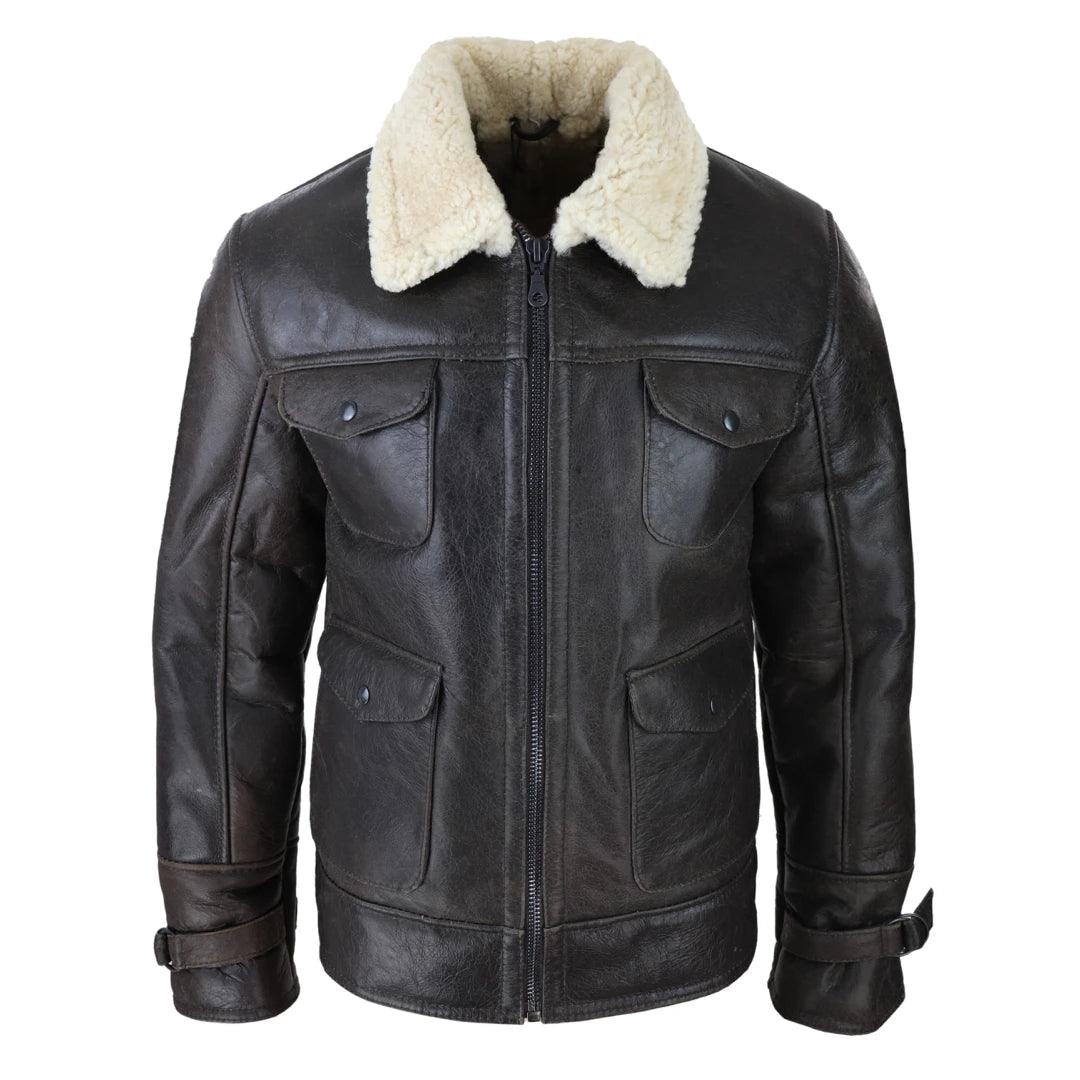 Men’s Genuine Brown Sheepskin Military Jacket - Real Shearling Winter Warmth