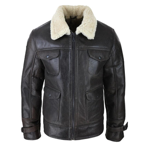 Men’s Genuine Brown Sheepskin Military Jacket - Real Shearling Winter Warmth