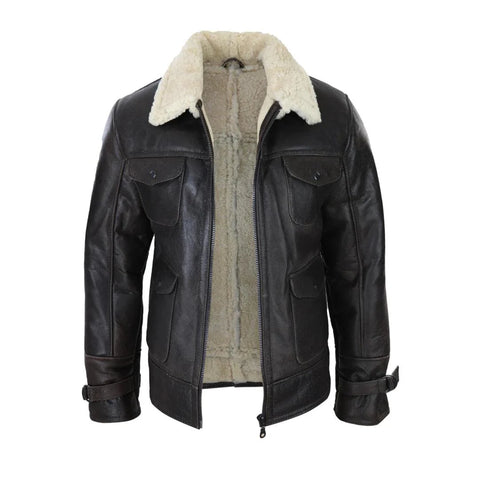 Men’s Genuine Brown Sheepskin Military Jacket - Real Shearling Winter Warmth