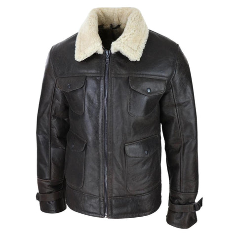 Men’s Genuine Brown Sheepskin Military Jacket - Real Shearling Winter Warmth