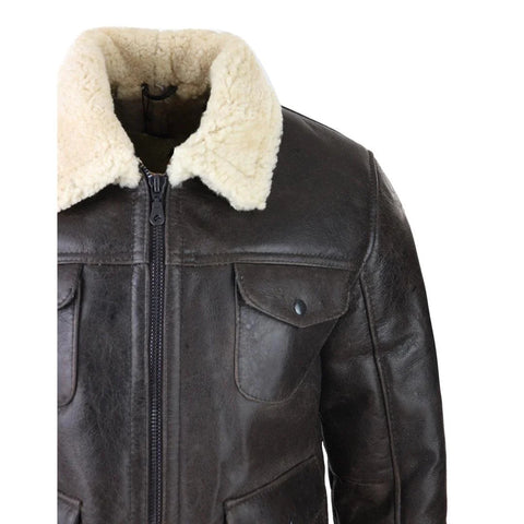 Men’s Genuine Brown Sheepskin Military Jacket - Real Shearling Winter Warmth