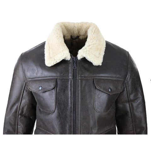 Men’s Genuine Brown Sheepskin Military Jacket - Real Shearling Winter Warmth