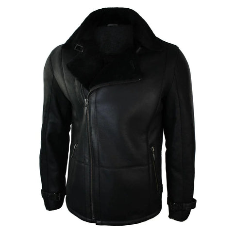Men’s Mid-Length Fitted Black Sheepskin Jacket - Designer Cross-Zip Shearling Coat