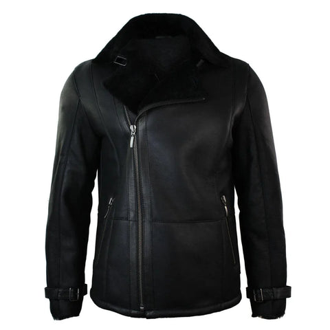 Men’s Mid-Length Fitted Black Sheepskin Jacket - Designer Cross-Zip Shearling Coat